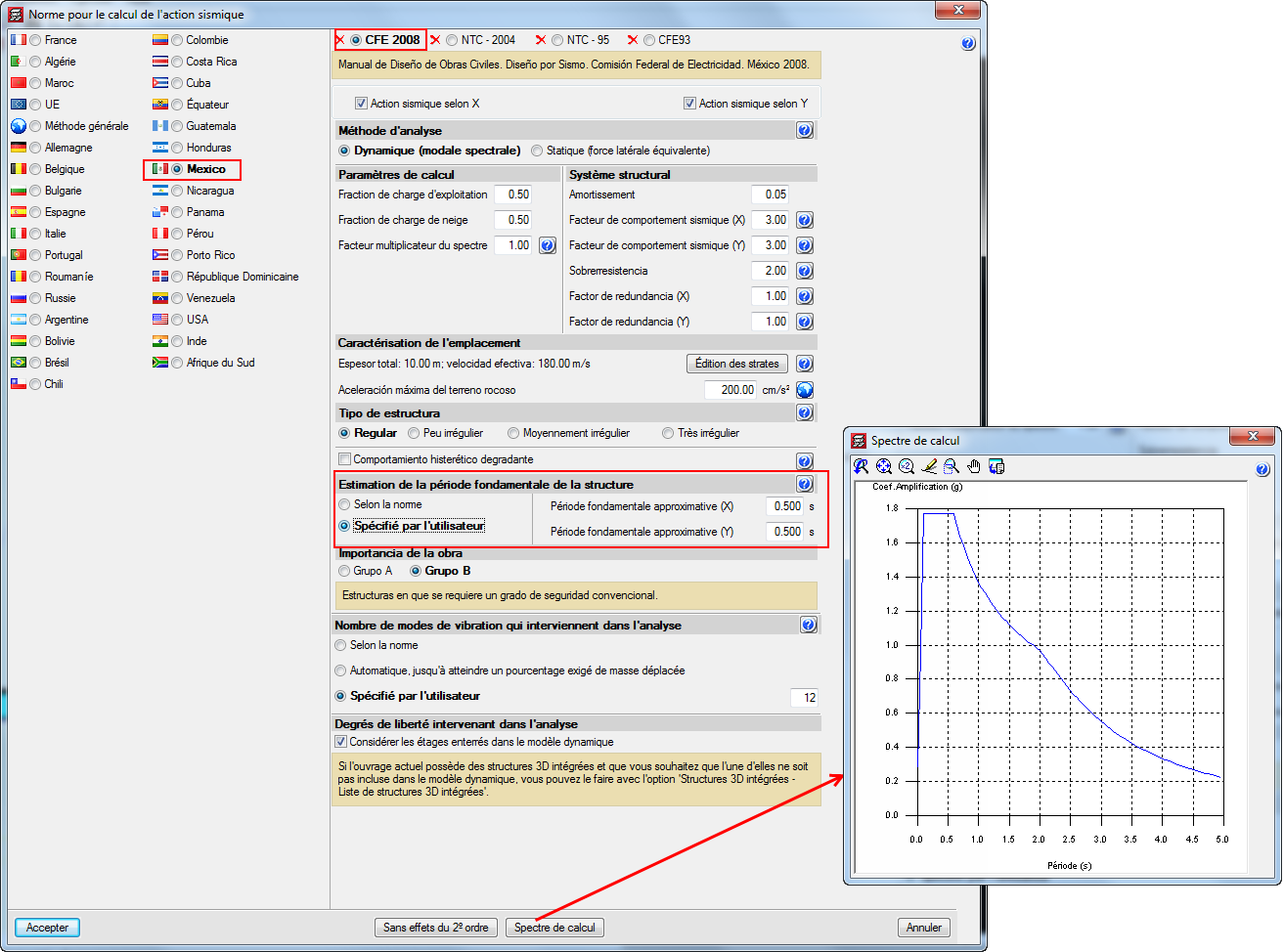 CYPECAD. Calcul sismique. Période fondamentale de la structure avec valeurs d’utilisateurs