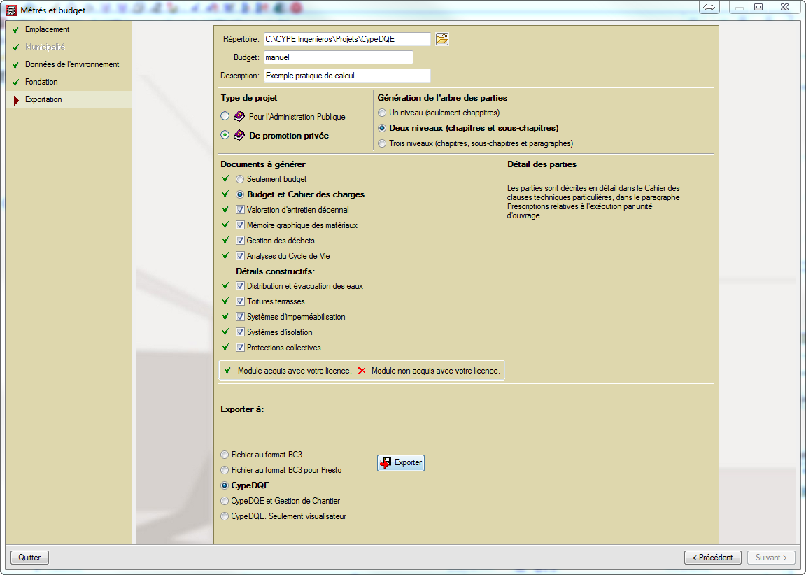Production et exportation du métré et du budget de la structure calculée par CYPECAD